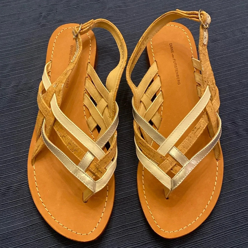Diane Von Furstenberg Thong Sandals Woven Detail Cork Crossing Brazil 8.5